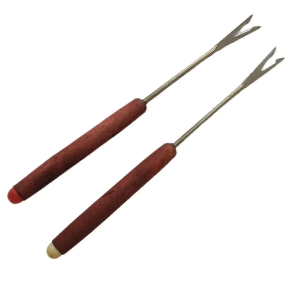 2 Teak Fondue Forks Skewers Picks Appetizer Cocktail Seafood‎ Stainless Steel